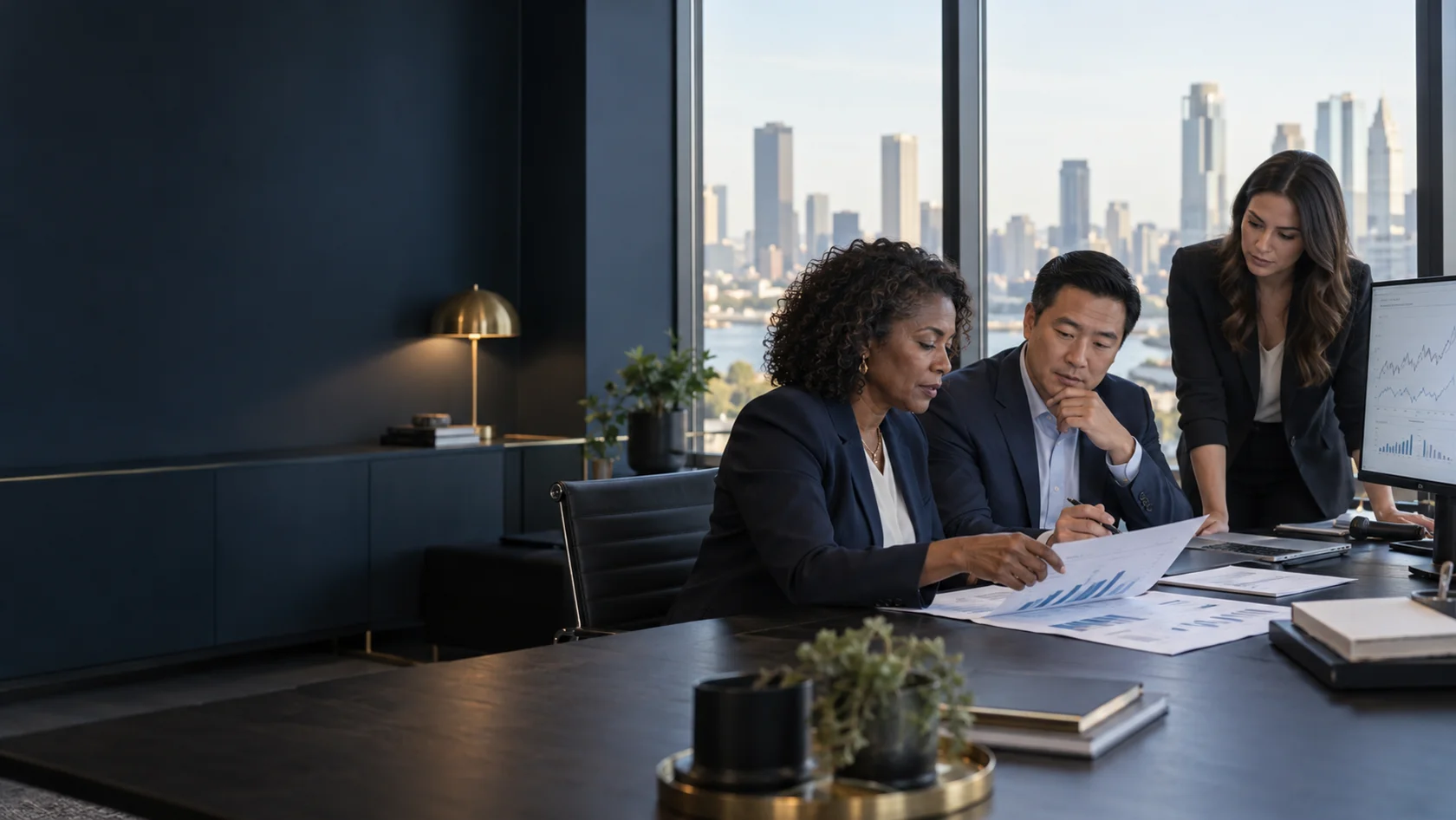 Original illustrative scene of actuarial professionals reviewing financial scenarios in a modern office