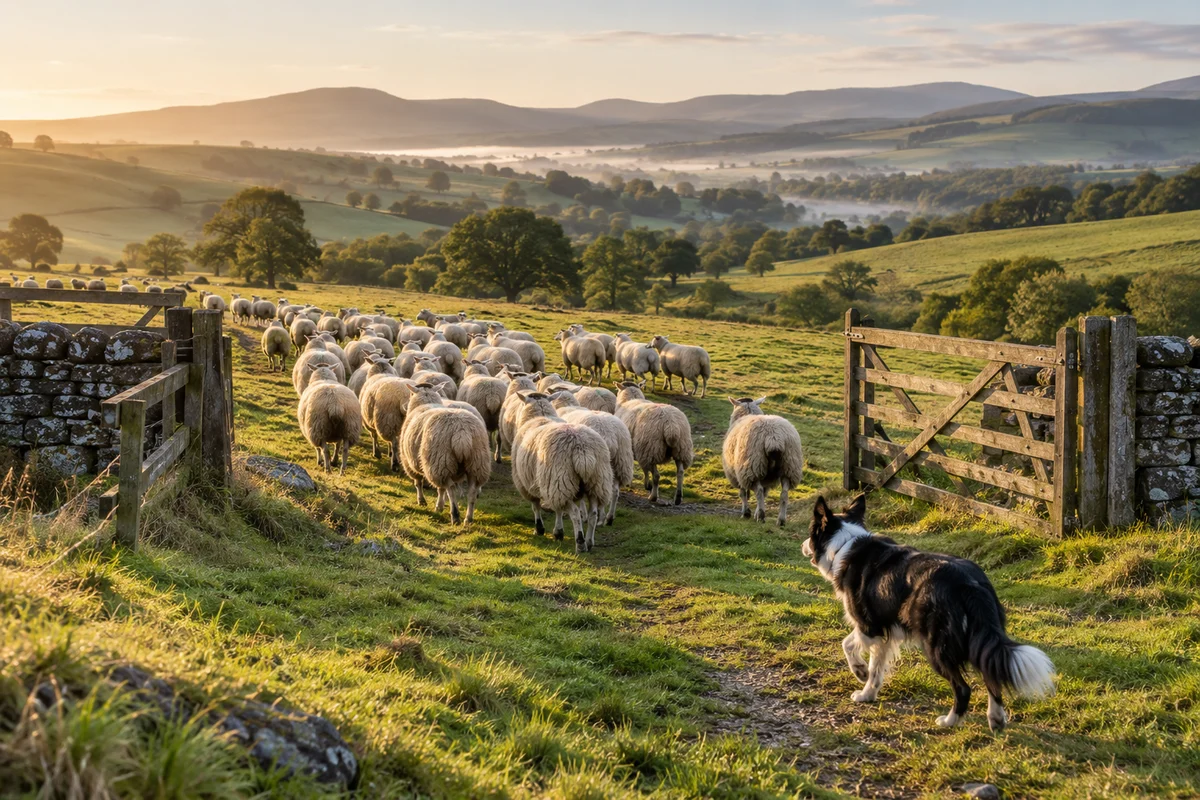 A sheepdog watches a flock of sheep moving through an open gate across rolling countryside.