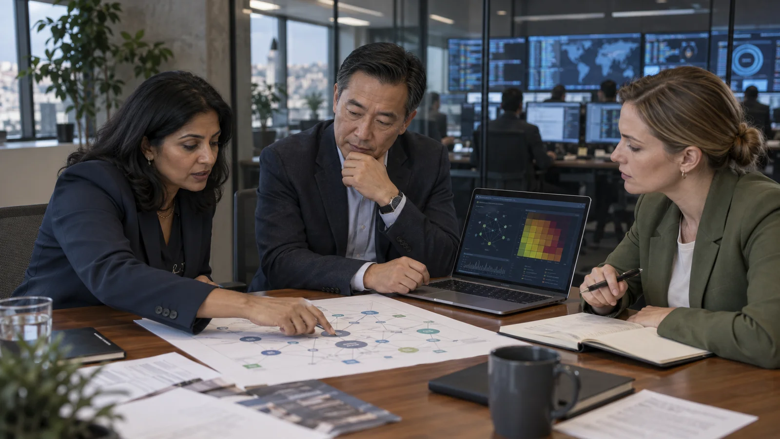 Illustrative security and business leaders reviewing cyber risk and service dependencies