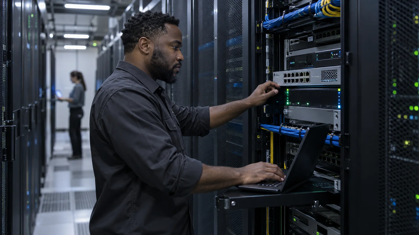Illustrative infrastructure security engineer inspecting network equipment in a data center