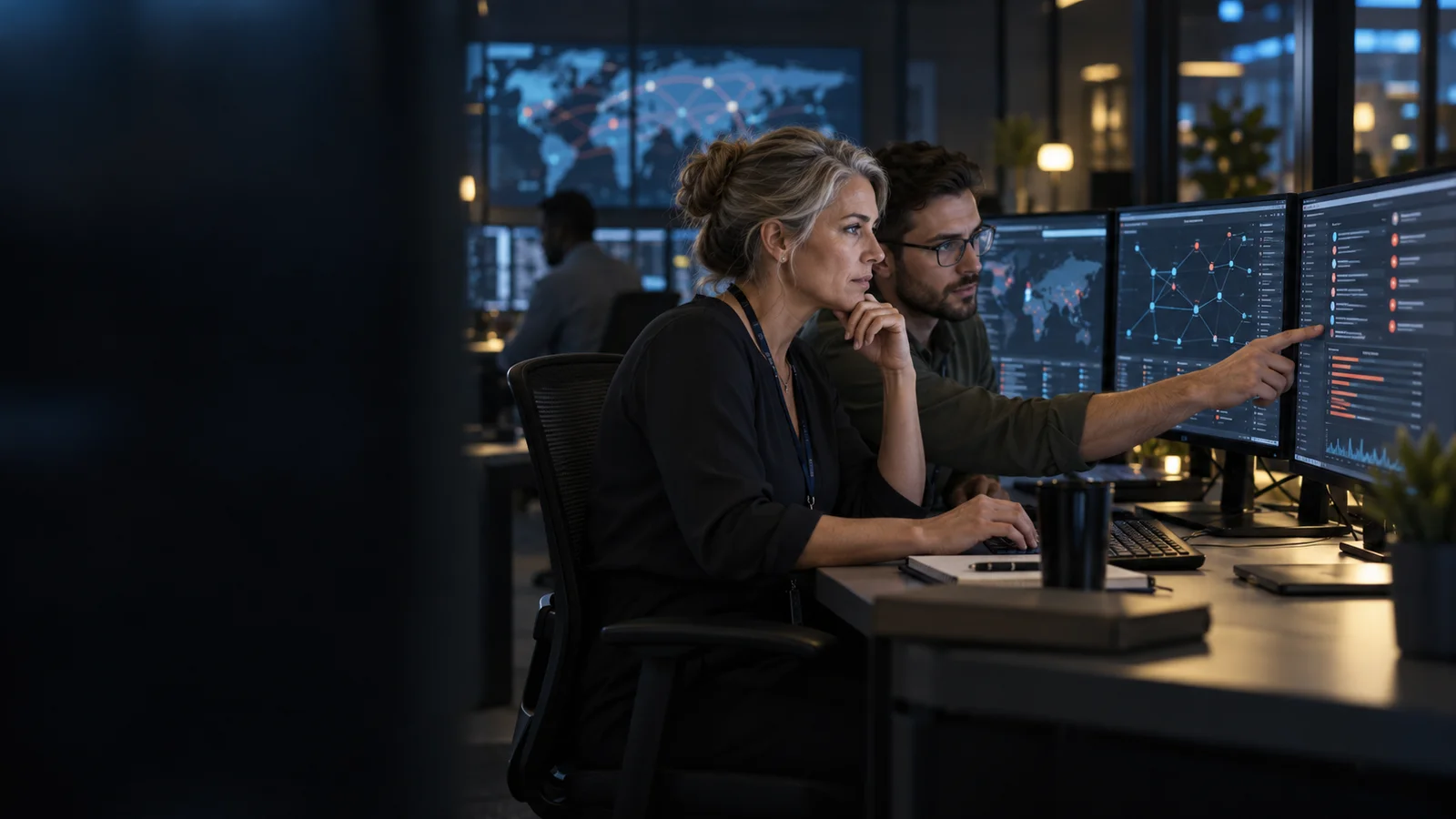 Illustrative cybersecurity analysts examining network activity in a security operations center