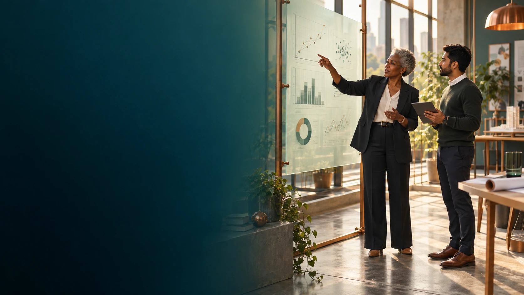 Conceptual illustration of actuarial specialists reviewing analytical evidence
