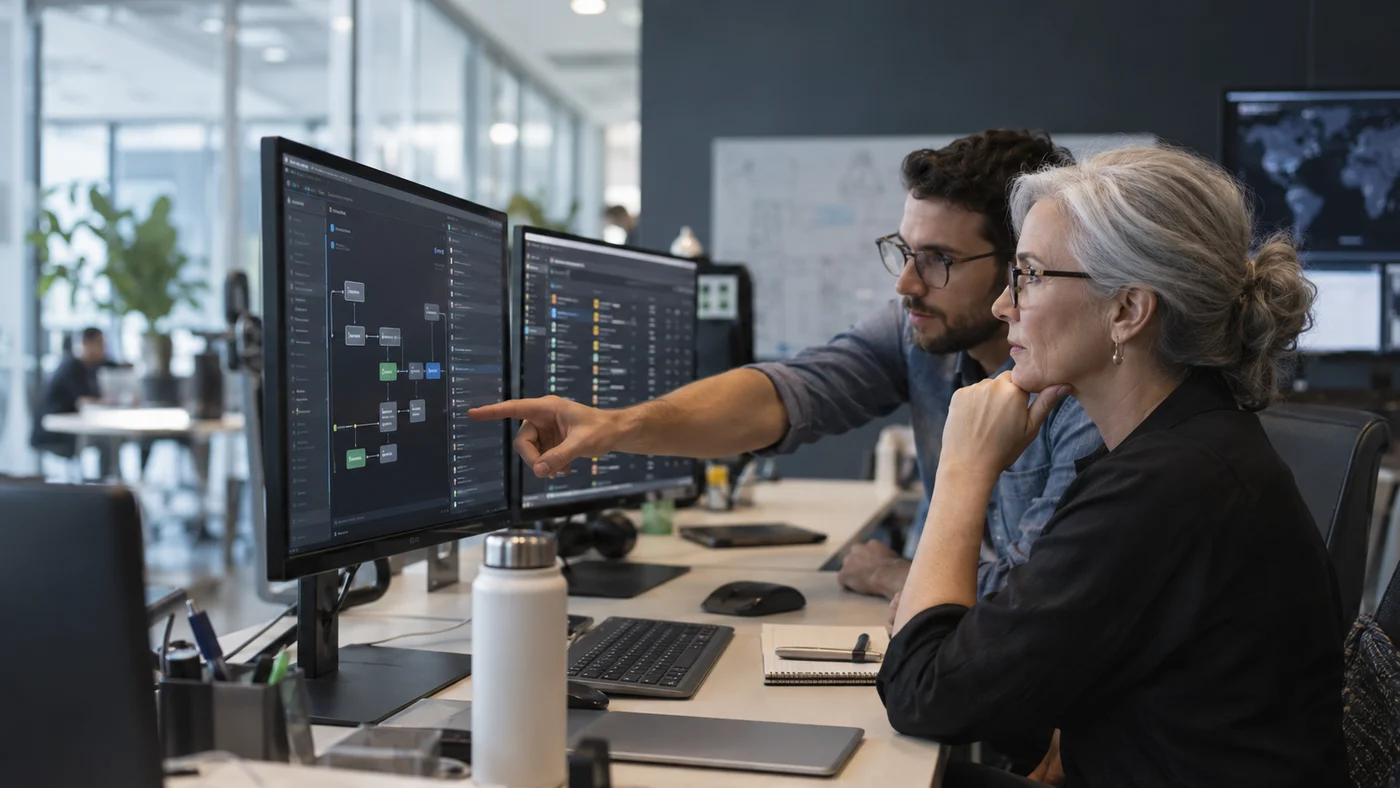 Illustrative AI operations team reviewing an agent workflow and approval queue