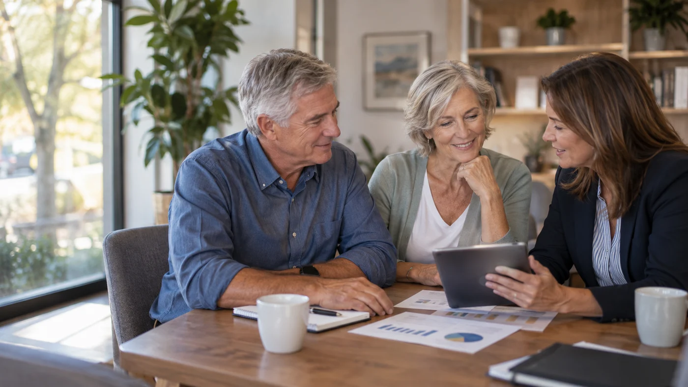 Illustrative couple exploring retirement plans together with a financial planner