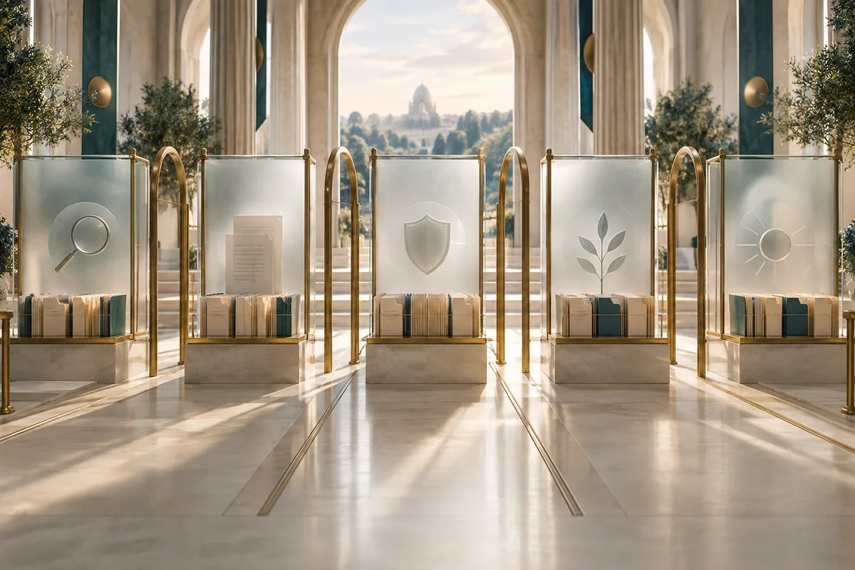 Architectural illustration of transparent panels representing responsible governance